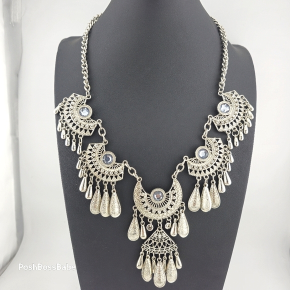 Boho Statement Necklace with Silver-Tone Crescent Medallions – 20-23" Length - Picture 1 of 12